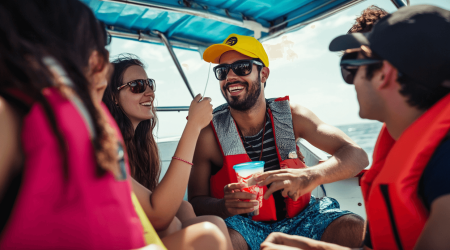 Disfrutando de un paseo en barco con amigos en la playa, todos con chalecos salvavidas y gafas de sol en un día soleado, promoviendo el turismo marítimo y actividades acuáticas.