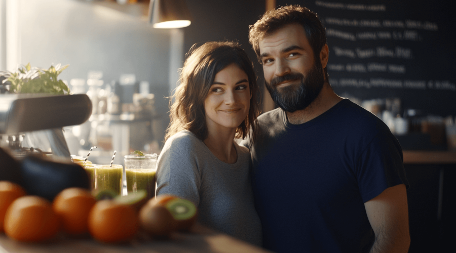 Disfrutando en un café, una pareja sonriente en un ambiente acogedor y moderno, rodeados de frutas frescas y bebidas saludables, promoviendo el arte y la cultura en la comunidad artística AMAC.