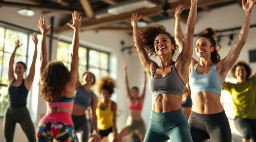 Alegría durante clase de fitness en grupo con mujeres haciendo ejercicio y bailando en gimnasio bien iluminado y moderno, promoviendo bienestar y salud en comunidad.