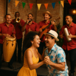 Grupo de salsa cubano en vivo tocando con alegría y bailarines en acción en un evento, ambiente festivo y auténtico. Alt: Contratar grupo de salsa para evento en vivo con música cubana auténtica.