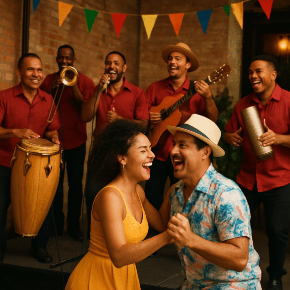 Grupo de salsa cubano en vivo tocando con alegría y bailarines en acción en un evento, ambiente festivo y auténtico. Alt: Contratar grupo de salsa para evento en vivo con música cubana auténtica.
