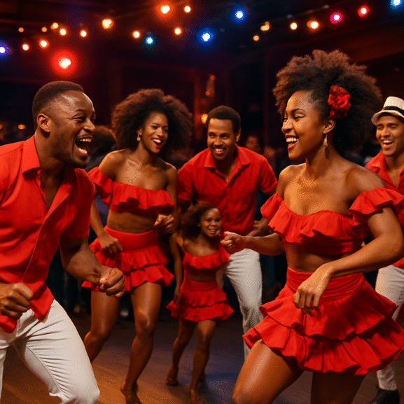 Grupo de bailarines de salsa cubanos en plena actuación durante un evento vibrante. Alt: Bailarines de salsa para eventos aportando energía, cultura y ritmo único.
