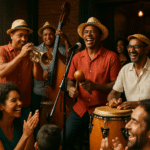 Un grupo de músicos cubanos tocando en vivo con instrumentos tradicionales como congas y trompetas en un escenario pequeño, rodeados de un público diverso y sonriente. Alt: Directorio de músicos cubanos en acción, música auténtica cubana para eventos.