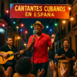 Voz cubana en España en actuación en vivo con cantante y músicos tocando guitarra y bongos en calle iluminada con decoraciones festivas y señal que dice "Cantantes Cubanos en España".