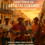 Artistas cubanos tocando en la calle durante atardecer entre edificios históricos, promoviendo música cubana para eventos y cultura en eventos culturales y celebraciones.