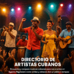 1. Artistas cubanos en concierto en vivo con música tradicional y folclórica, artistas locales tocando instrumentos, alegría y cultura cubana en escenario vibrante y colorido.