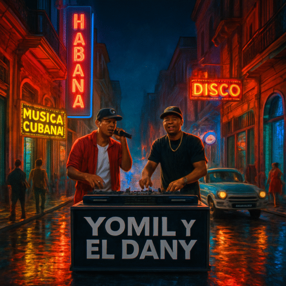 1. DJ Yomil y El Dany en calle nocturna con luces de neón, música cubana y ambiente de discoteca en la ciudad.