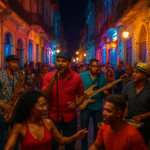 Vibrante grupo de músicos caribeños tocando en calle con iluminación nocturna en una celebración tradicional en Cuba. Música en vivo, baile y cultura en un entorno urbano colorido.