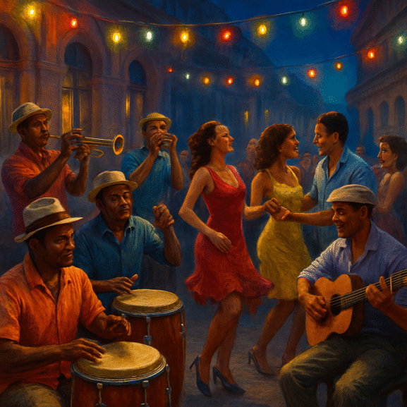 Vivir la música y el baile en una fiesta tradicional con músicos tocando instrumentos y parejas bailando bajo luminarias, en una escena vibrante y colorida.