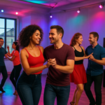 Bailarines felices en un estudio de danza con iluminación colorida, disfrutando de la música y la compañía. Un ambiente lleno de energía donde la diversión, la amistad y la pasión por bailar se unen en un espacio artístico y comunitario.