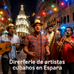 Un grupo de músicos cubanos tocando instrumentos tradicionales en una colorida noche en las calles de Sevilla, celebrando la cultura cubana en España.