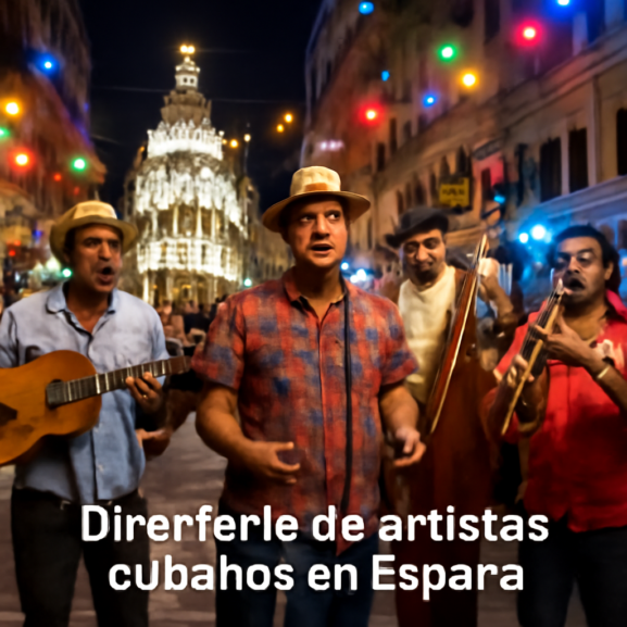 Un grupo de músicos cubanos tocando instrumentos tradicionales en una colorida noche en las calles de Sevilla, celebrando la cultura cubana en España.
