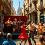 Imagen de una pareja bailando en plena calle, rodeados de un gran público y artistas en un festival cultural con arquitectura histórica de fondo.
